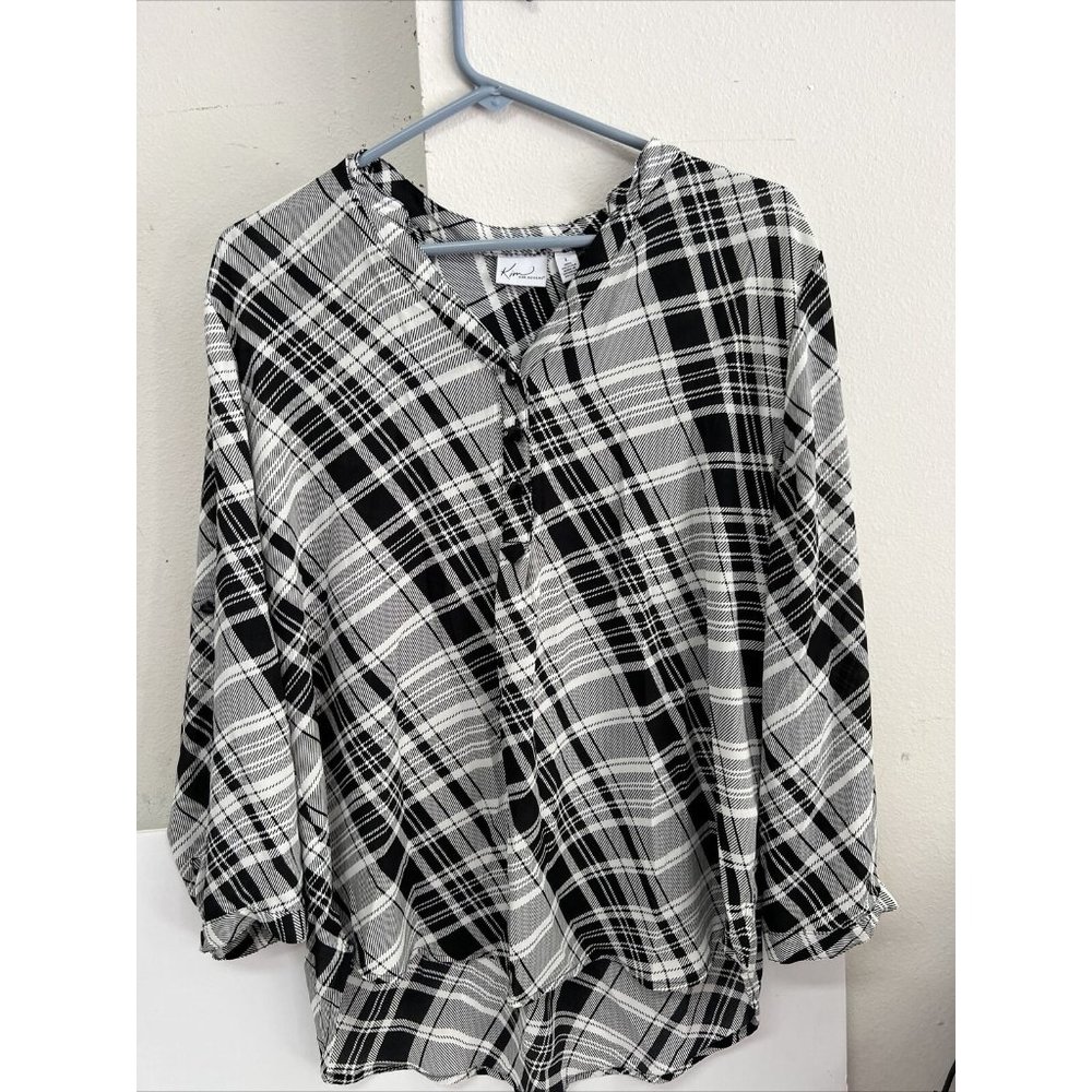 Kim Rogers Womens Black White Long Sleeve V Neck Blouse Top Size Large